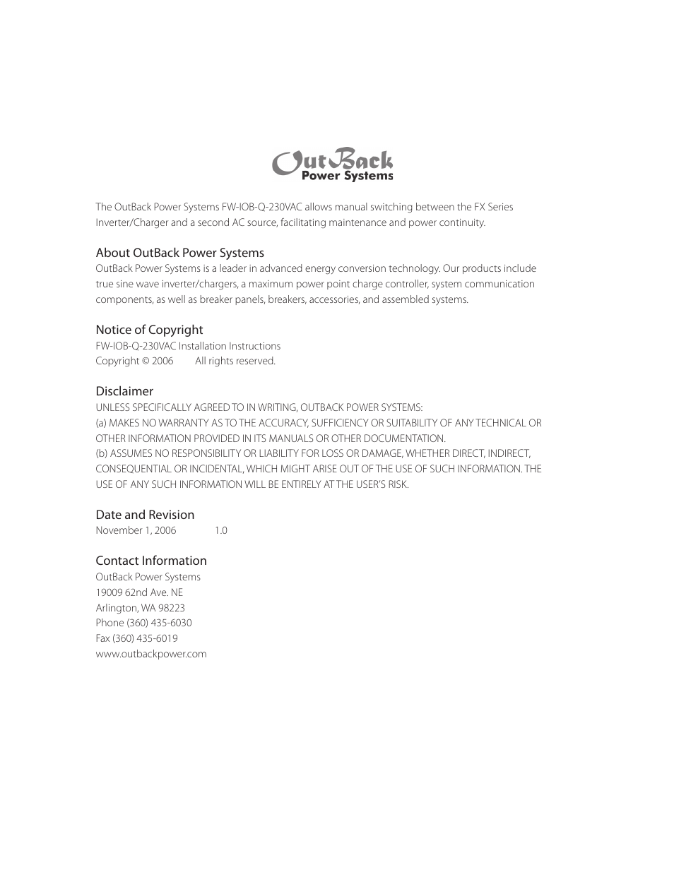 Outback Power Systems FW-IOB-Q-230VAC Input/Output/Bypass Assembly - Installation Instructions User Manual | Page 2 / 8