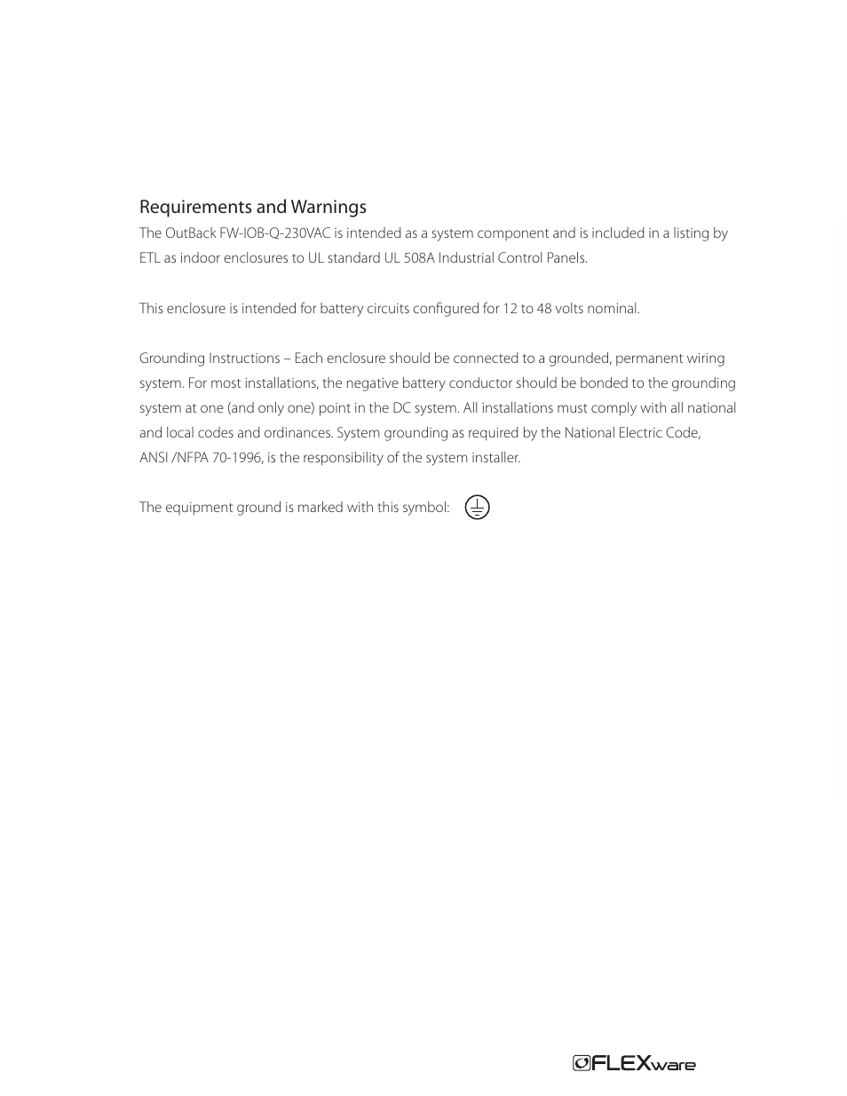 Fw-iob-q-230vac parts list, Requirements and warnings | Outback Power Systems FW-IOB-Q-230VAC Input/Output/Bypass Assembly - Installation Instructions User Manual | Page 3 / 8