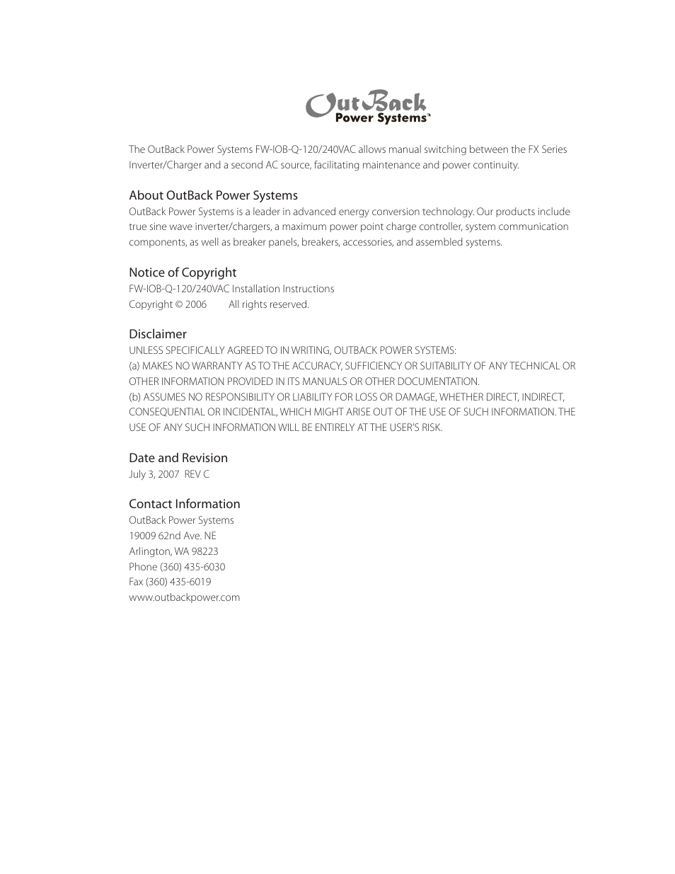 Outback Power Systems FW-IOB-Q-240VAC Input/Output/Bypass Assembly - Installation Instructions User Manual | Page 2 / 8