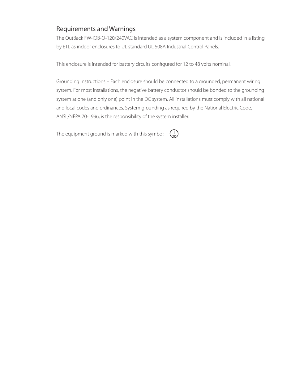 Requirements and warnings | Outback Power Systems FW-IOB-Q-240VAC Input/Output/Bypass Assembly - Installation Instructions User Manual | Page 3 / 8