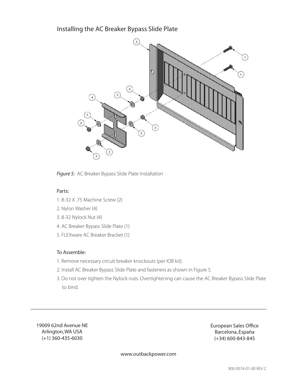 Installing the ac breaker bypass slide plate | Outback Power Systems FW-IOB-Q-240VAC Input/Output/Bypass Assembly - Installation Instructions User Manual | Page 8 / 8