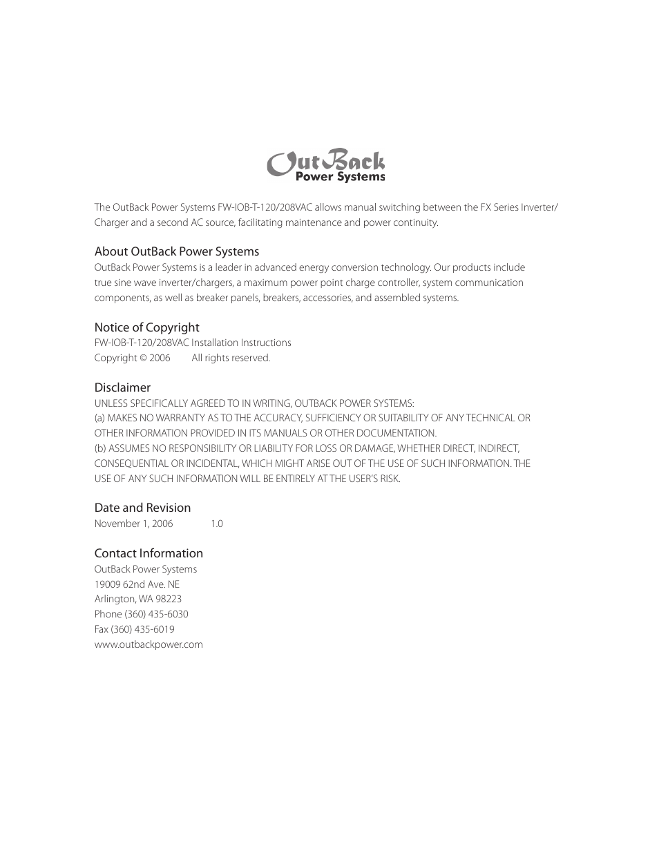 Outback Power Systems FW-IOB-T-120/208VAC Input/Output/Bypass Assembly - Installation Instructions User Manual | Page 2 / 8