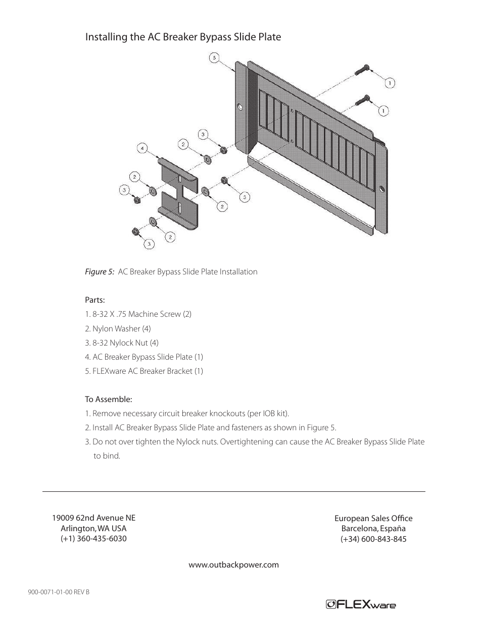 Installing the ac breaker bypass slide plate | Outback Power Systems FW-IOB-T-120/208VAC Input/Output/Bypass Assembly - Installation Instructions User Manual | Page 8 / 8