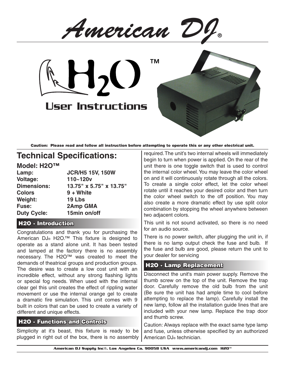 American DJ H2O User Manual | 1 page