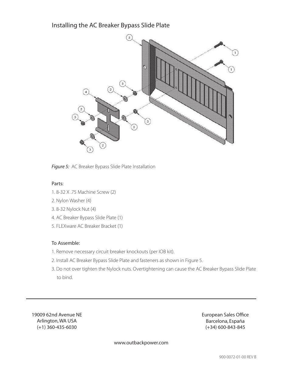 Installing the ac breaker bypass slide plate | Outback Power Systems FW-IOB-T-230/400VAC Input/Output/Bypass Assembly - Installation Instructions User Manual | Page 8 / 8