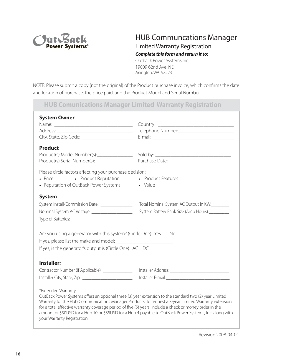 Hub communcations manager, Limited warranty registration | Outback Power Systems HUB-10 System Communication Manager User’s Manual User Manual | Page 17 / 19