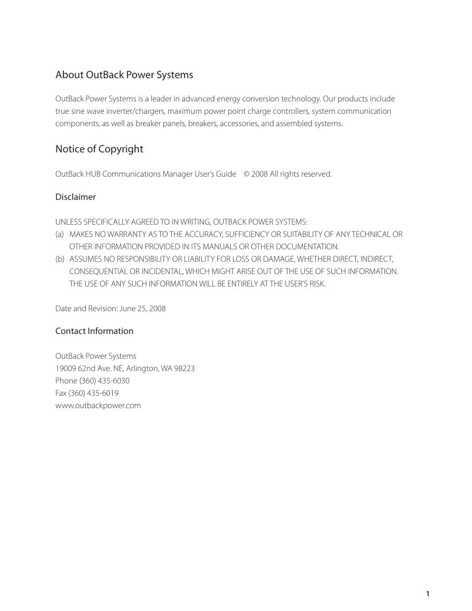 About outback power systems, Notice of copyright | Outback Power Systems HUB-10 System Communication Manager User’s Manual User Manual | Page 2 / 19