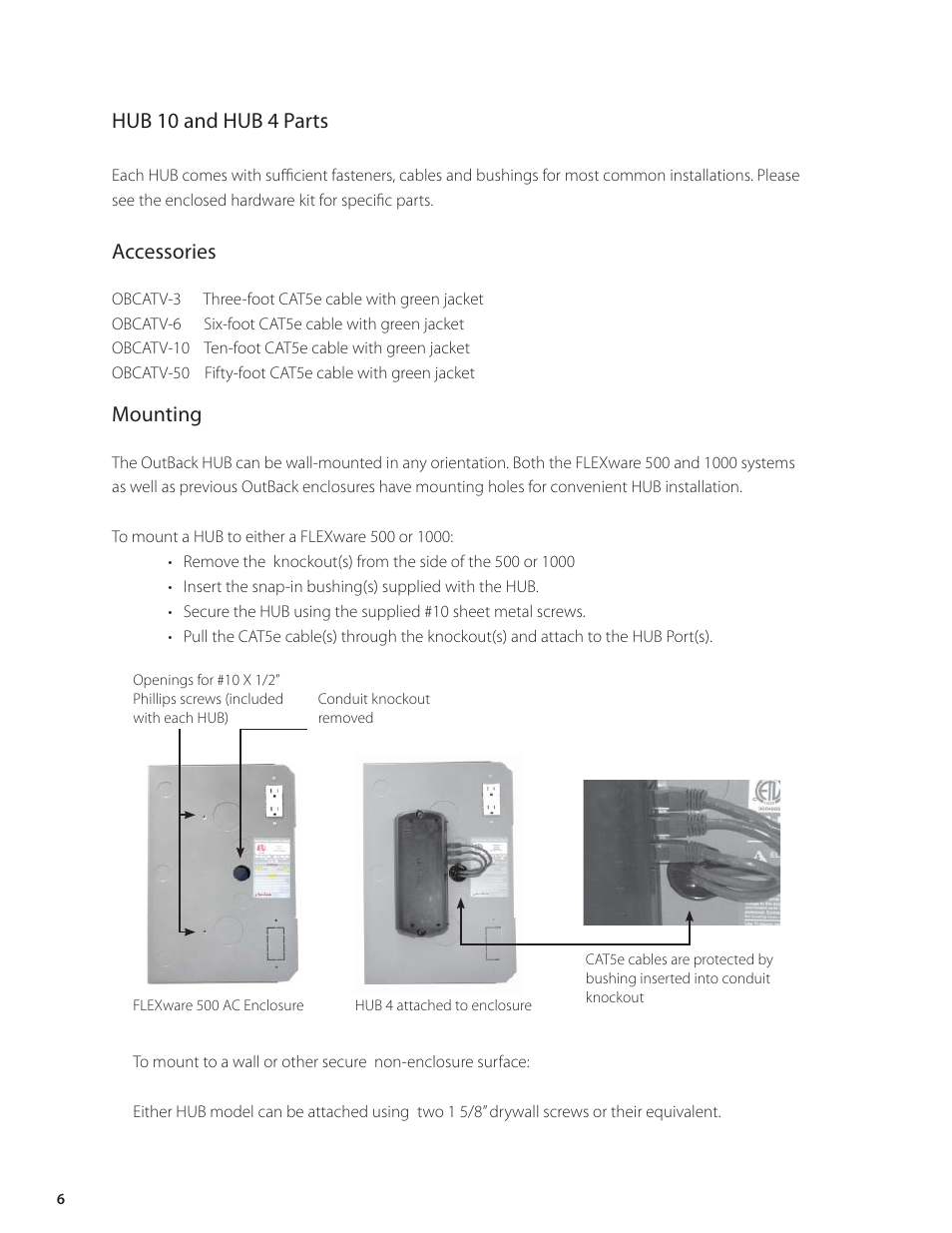 Hub 10 and hub 4 parts, Accessories, Mounting | Outback Power Systems HUB-10 System Communication Manager User’s Manual User Manual | Page 7 / 19