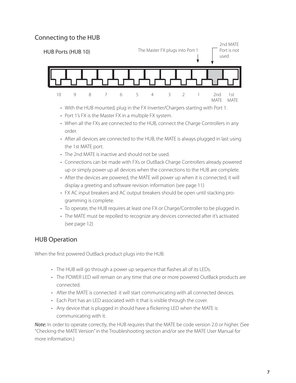 Hub operation, Connecting to the hub | Outback Power Systems HUB-10 System Communication Manager User’s Manual User Manual | Page 8 / 19