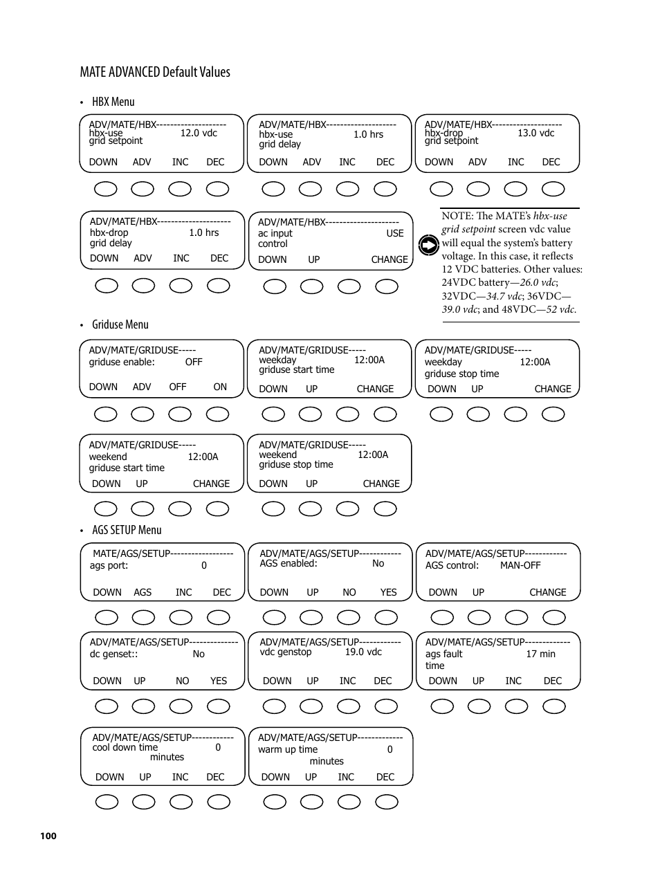 Mate advanced default values, Griduse menu, Hbx menu • ags setup menu | Outback Power Systems MATE2 System Controller and Display Installation and User Manual User Manual | Page 100 / 132
