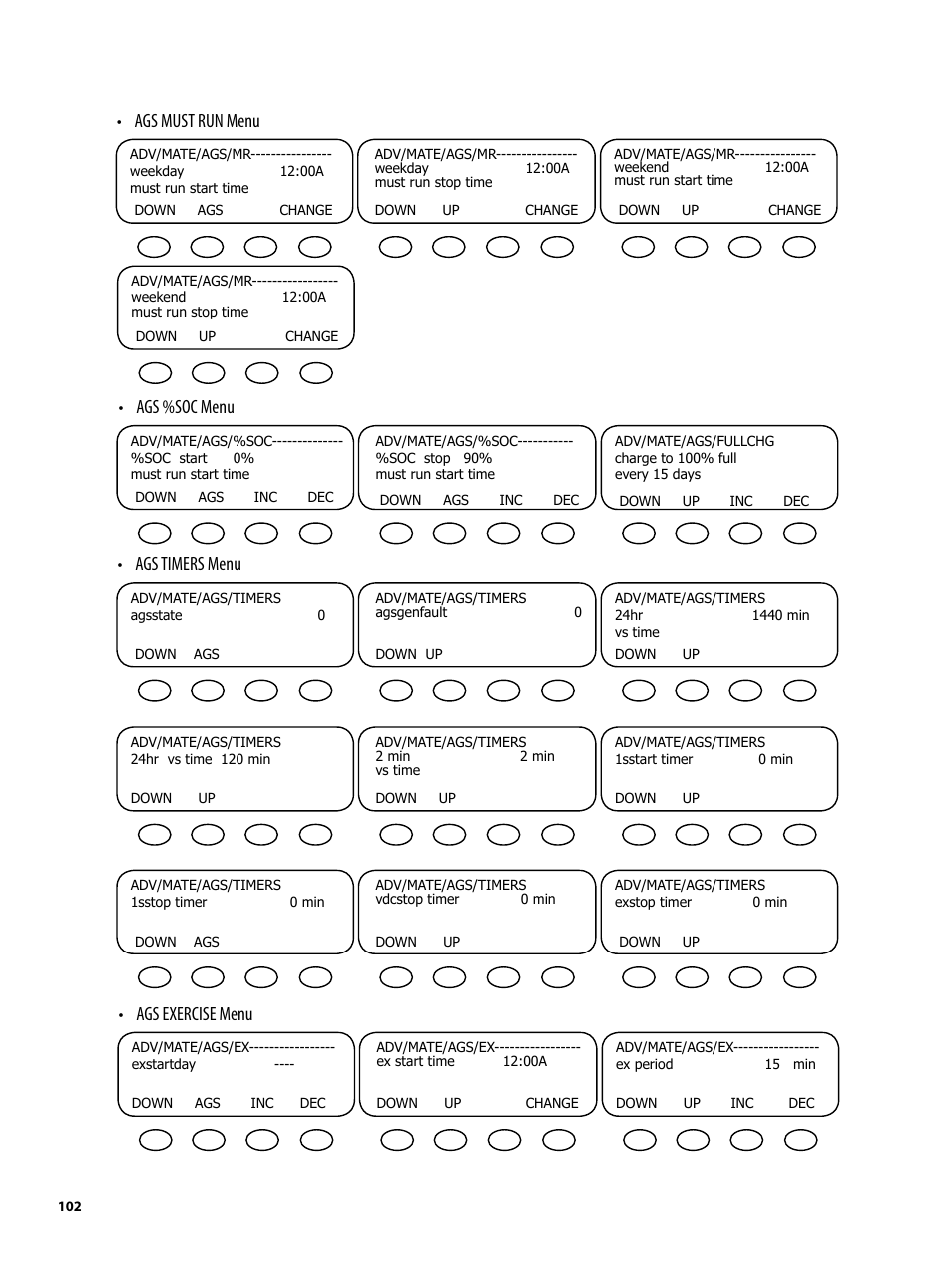 Ags must run menu, Ags exercise menu, Ags timers menu | Ags %soc menu | Outback Power Systems MATE2 System Controller and Display Installation and User Manual User Manual | Page 102 / 132