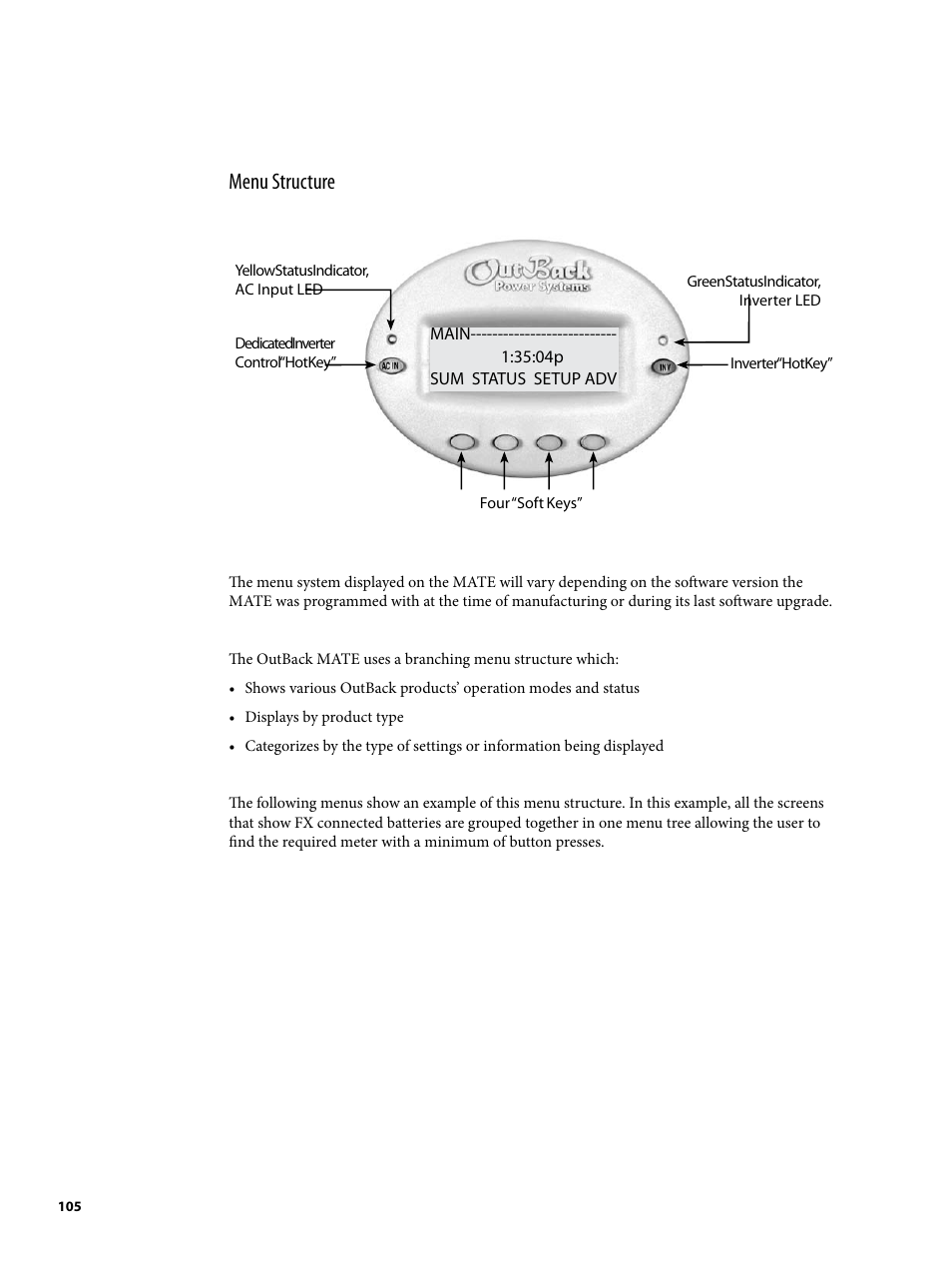 Menu structure | Outback Power Systems MATE2 System Controller and Display Installation and User Manual User Manual | Page 105 / 132