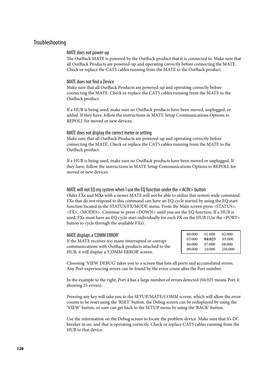 Troubleshooting | Outback Power Systems MATE2 System Controller and Display Installation and User Manual User Manual | Page 128 / 132