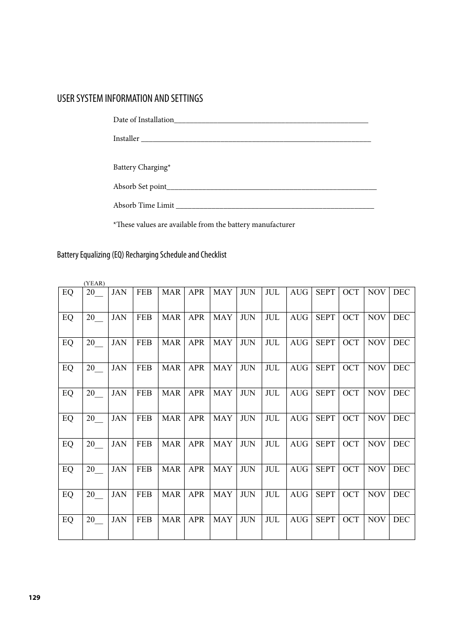 User system information and settings | Outback Power Systems MATE2 System Controller and Display Installation and User Manual User Manual | Page 129 / 132