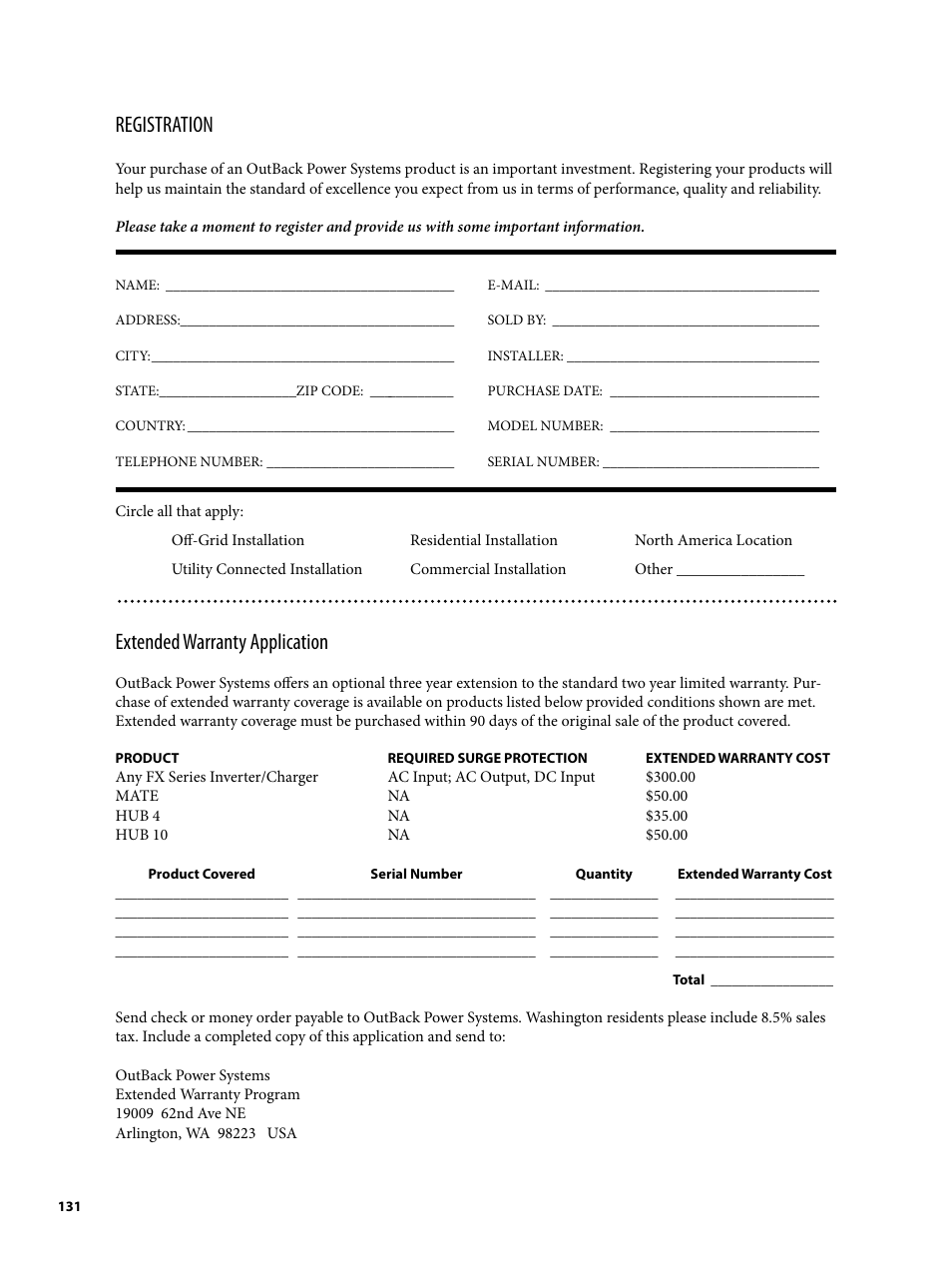 Registration, Extended warranty application | Outback Power Systems MATE2 System Controller and Display Installation and User Manual User Manual | Page 131 / 132