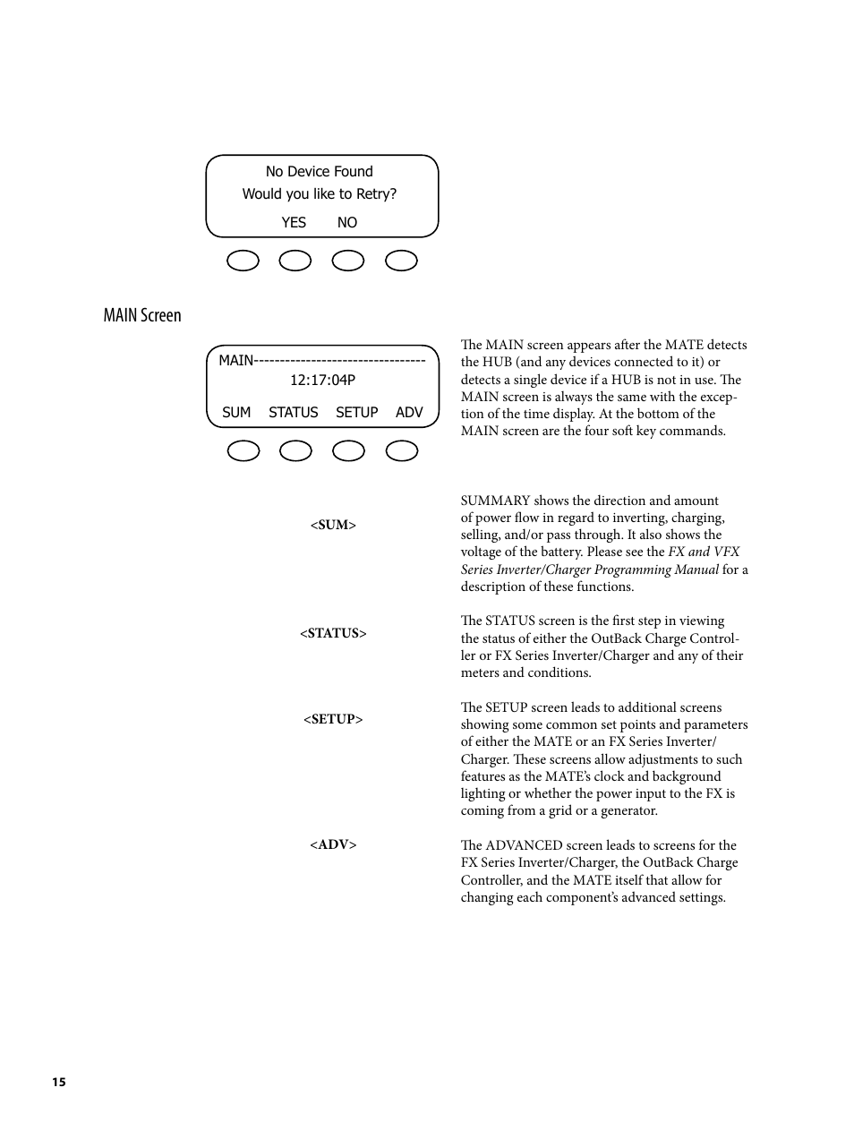 Main screen | Outback Power Systems MATE2 System Controller and Display Installation and User Manual User Manual | Page 15 / 132