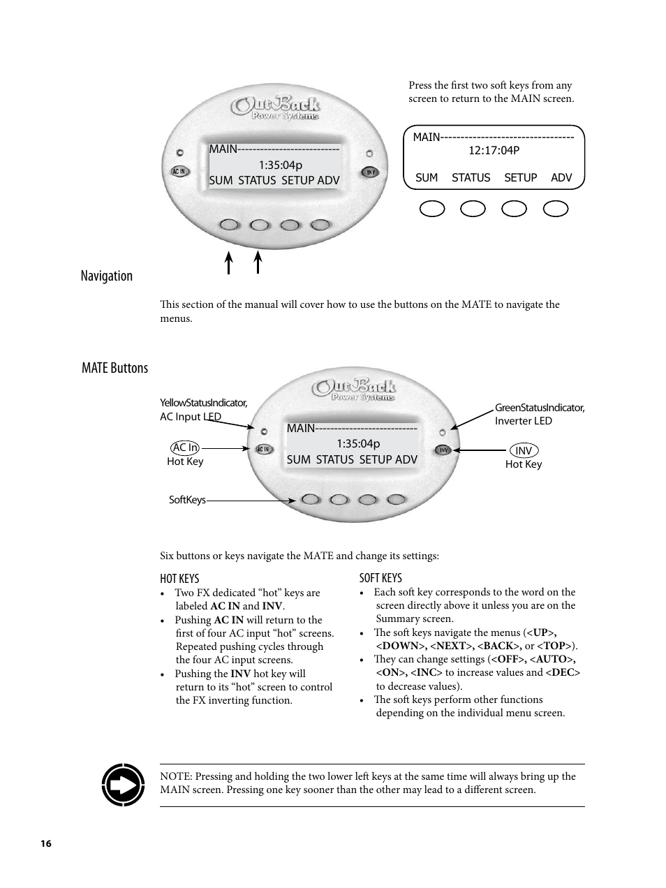 Navigation, Mate buttons | Outback Power Systems MATE2 System Controller and Display Installation and User Manual User Manual | Page 16 / 132