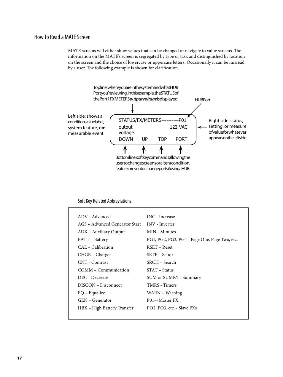 How to read a mate screen | Outback Power Systems MATE2 System Controller and Display Installation and User Manual User Manual | Page 17 / 132