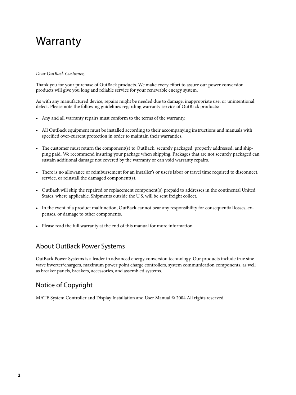 Warranty, About outback power systems, Notice of copyright | Outback Power Systems MATE2 System Controller and Display Installation and User Manual User Manual | Page 2 / 132