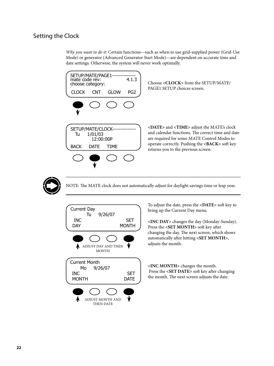 Setting the clock | Outback Power Systems MATE2 System Controller and Display Installation and User Manual User Manual | Page 22 / 132