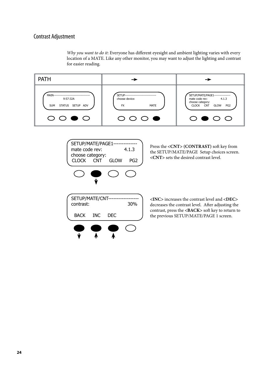 Contrast adjustment, Path | Outback Power Systems MATE2 System Controller and Display Installation and User Manual User Manual | Page 24 / 132