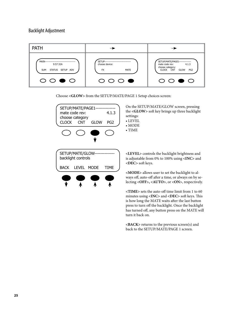 Backlight adjustment, Path | Outback Power Systems MATE2 System Controller and Display Installation and User Manual User Manual | Page 25 / 132