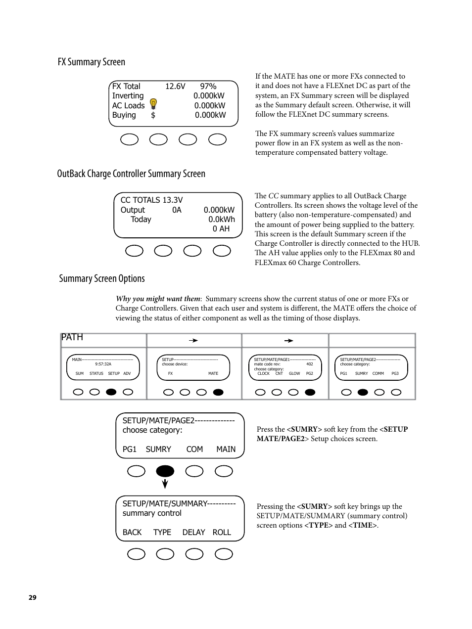 Outback charge controller summary screen, Fx summary screen, Summary screen options | Path | Outback Power Systems MATE2 System Controller and Display Installation and User Manual User Manual | Page 29 / 132