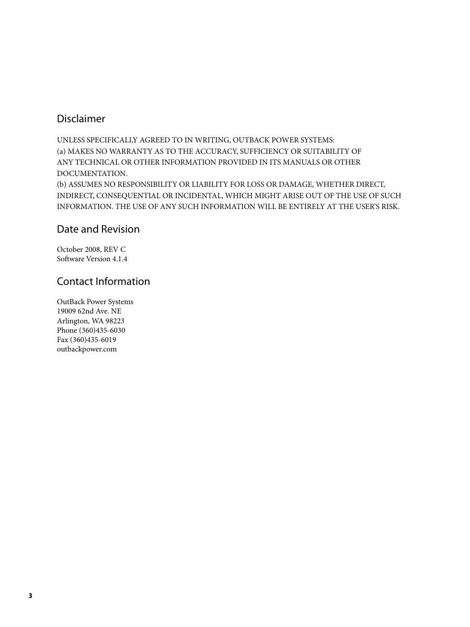 Disclaimer, Date and revision, Contact information | Outback Power Systems MATE2 System Controller and Display Installation and User Manual User Manual | Page 3 / 132