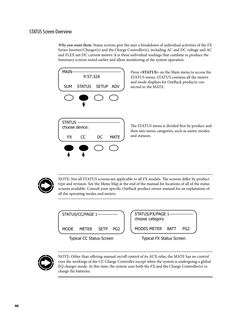 Status screen overview | Outback Power Systems MATE2 System Controller and Display Installation and User Manual User Manual | Page 40 / 132