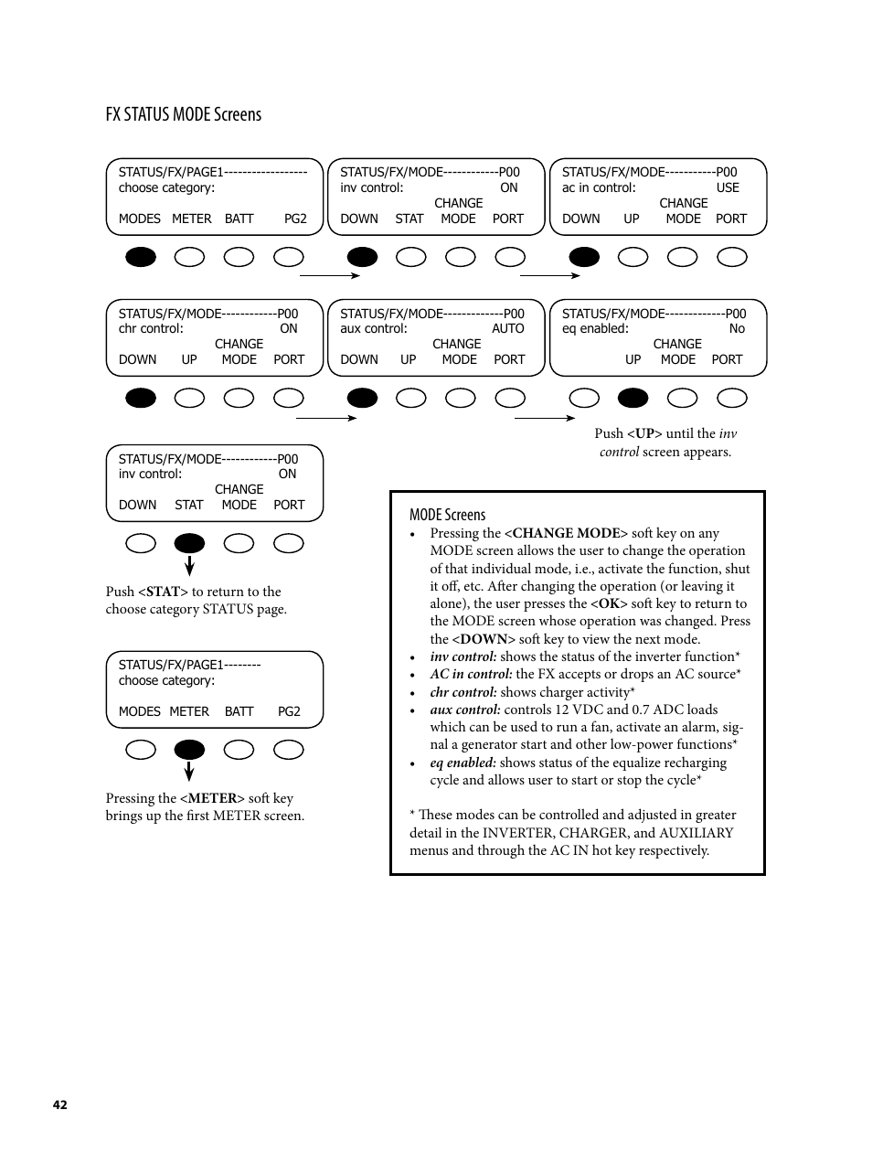 Fx status mode screens, Mode screens | Outback Power Systems MATE2 System Controller and Display Installation and User Manual User Manual | Page 42 / 132