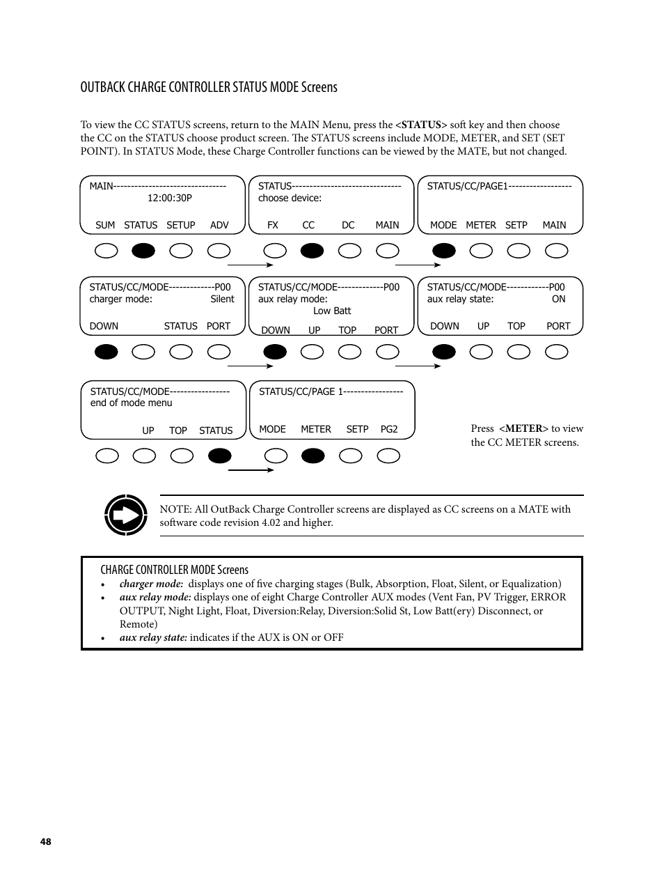 Outback charge controller status mode screens, Charge controller mode screens | Outback Power Systems MATE2 System Controller and Display Installation and User Manual User Manual | Page 48 / 132