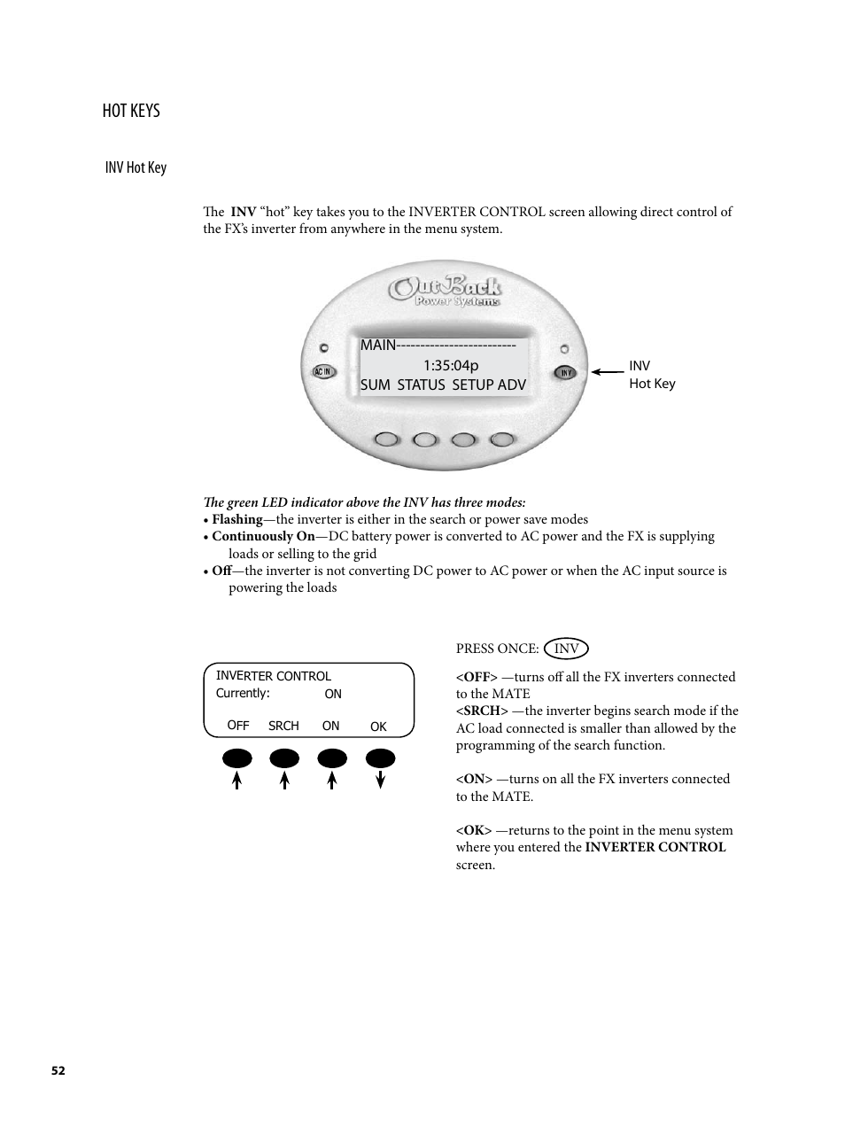 Hot keys | Outback Power Systems MATE2 System Controller and Display Installation and User Manual User Manual | Page 52 / 132