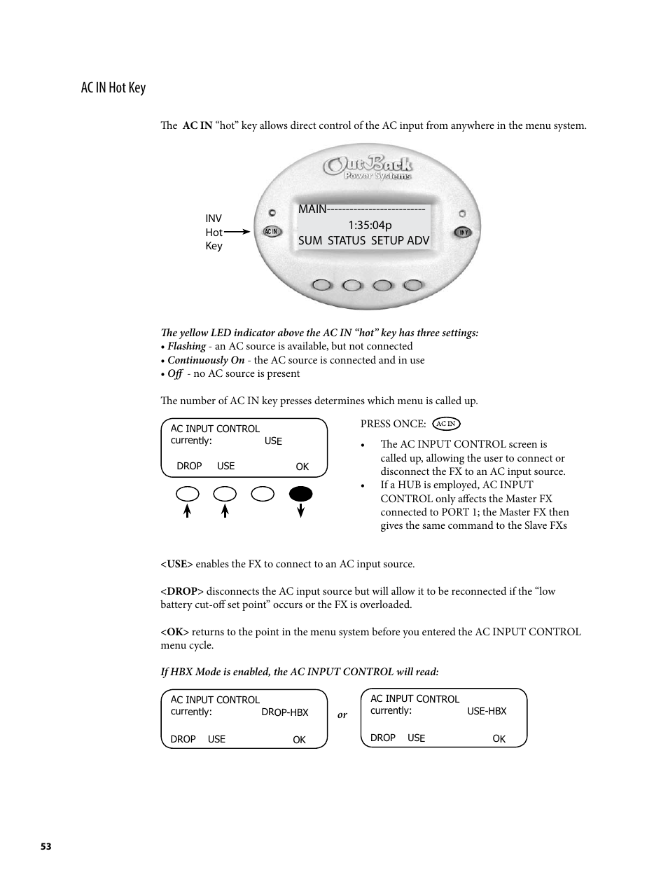 Ac in hot key | Outback Power Systems MATE2 System Controller and Display Installation and User Manual User Manual | Page 53 / 132