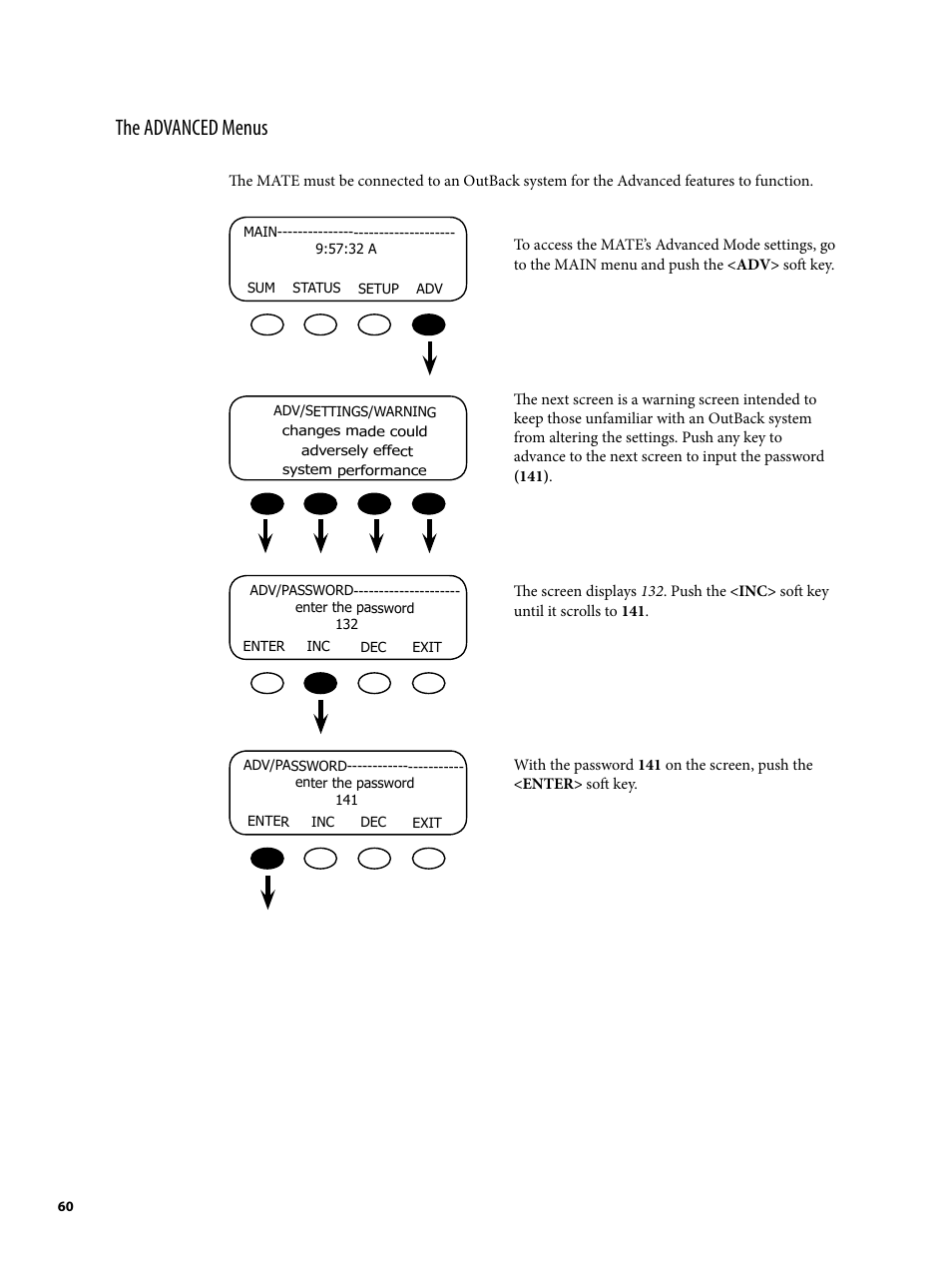 The advanced menus | Outback Power Systems MATE2 System Controller and Display Installation and User Manual User Manual | Page 60 / 132