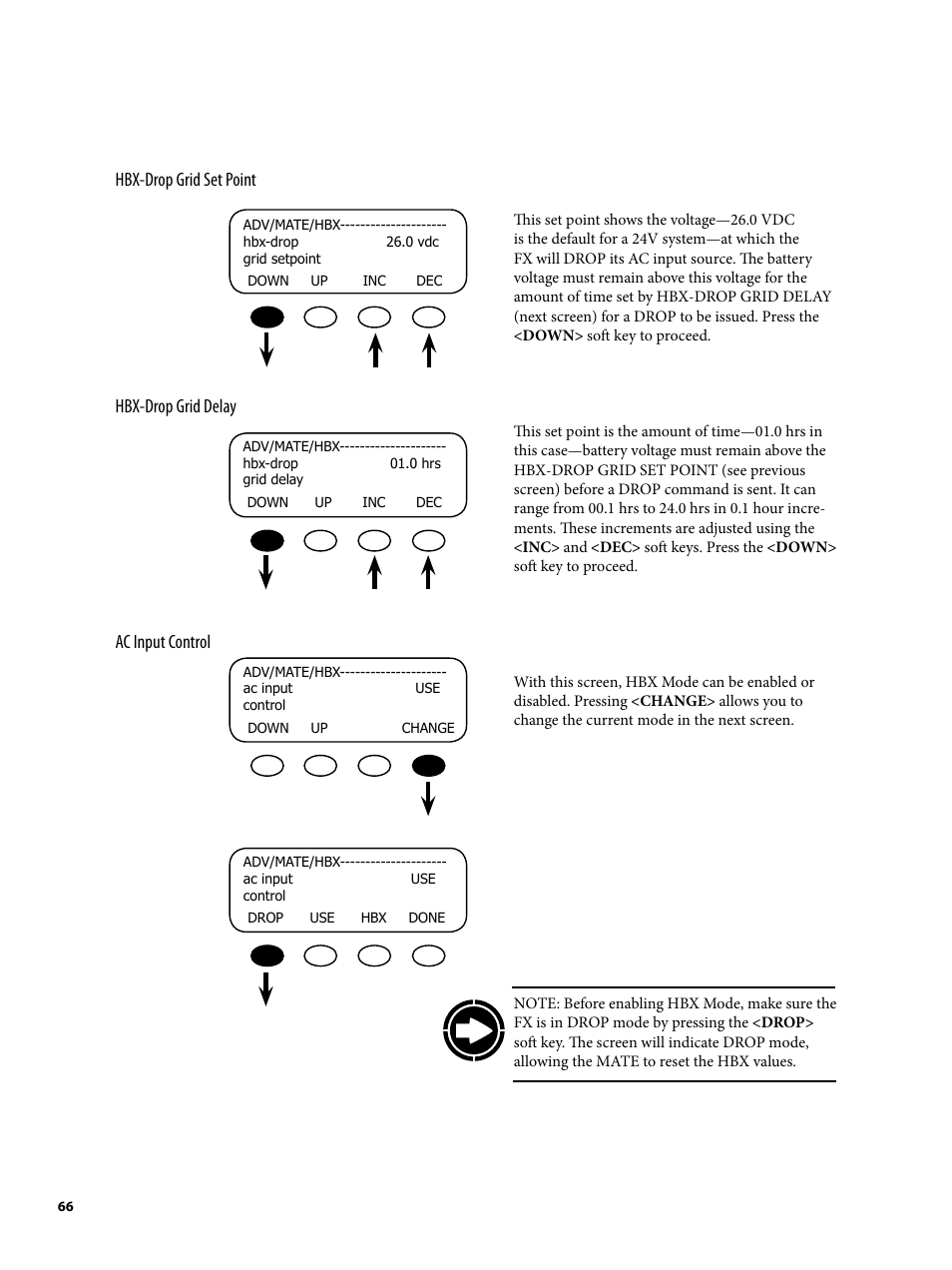 Hbx-drop grid set point hbx-drop grid delay, Ac input control | Outback Power Systems MATE2 System Controller and Display Installation and User Manual User Manual | Page 66 / 132