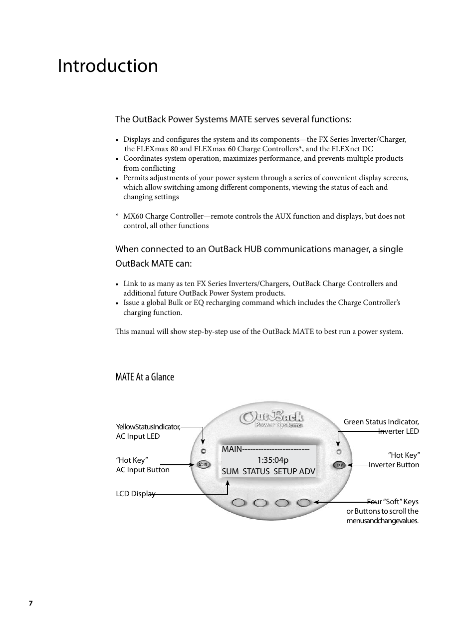 Introduction, Mate at a glance | Outback Power Systems MATE2 System Controller and Display Installation and User Manual User Manual | Page 7 / 132