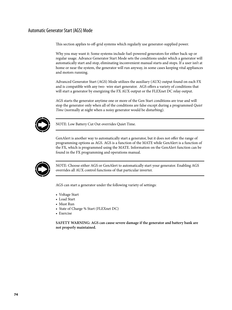 Automatic generator start (ags) mode | Outback Power Systems MATE2 System Controller and Display Installation and User Manual User Manual | Page 74 / 132