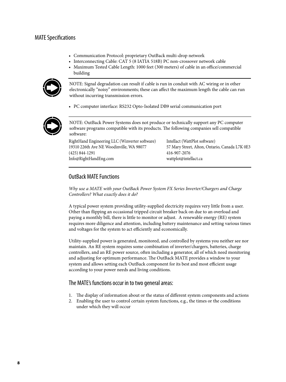 Outback mate functions, The mate’s functions occur in to two general areas, Mate specifications | Outback Power Systems MATE2 System Controller and Display Installation and User Manual User Manual | Page 8 / 132