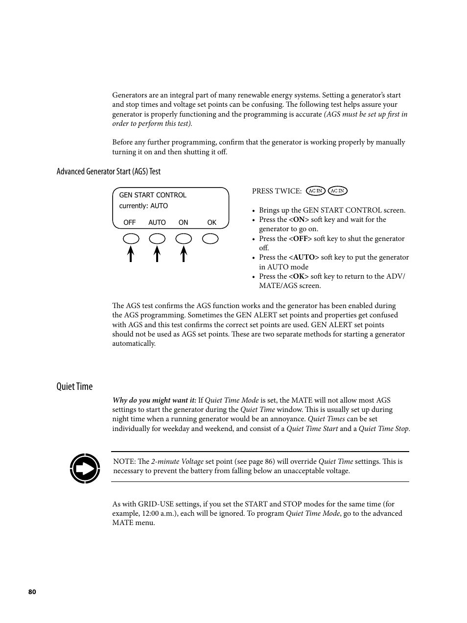 Quiet time | Outback Power Systems MATE2 System Controller and Display Installation and User Manual User Manual | Page 80 / 132