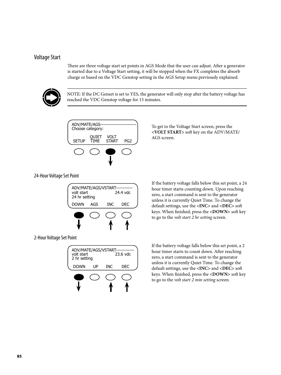 Voltage start | Outback Power Systems MATE2 System Controller and Display Installation and User Manual User Manual | Page 85 / 132