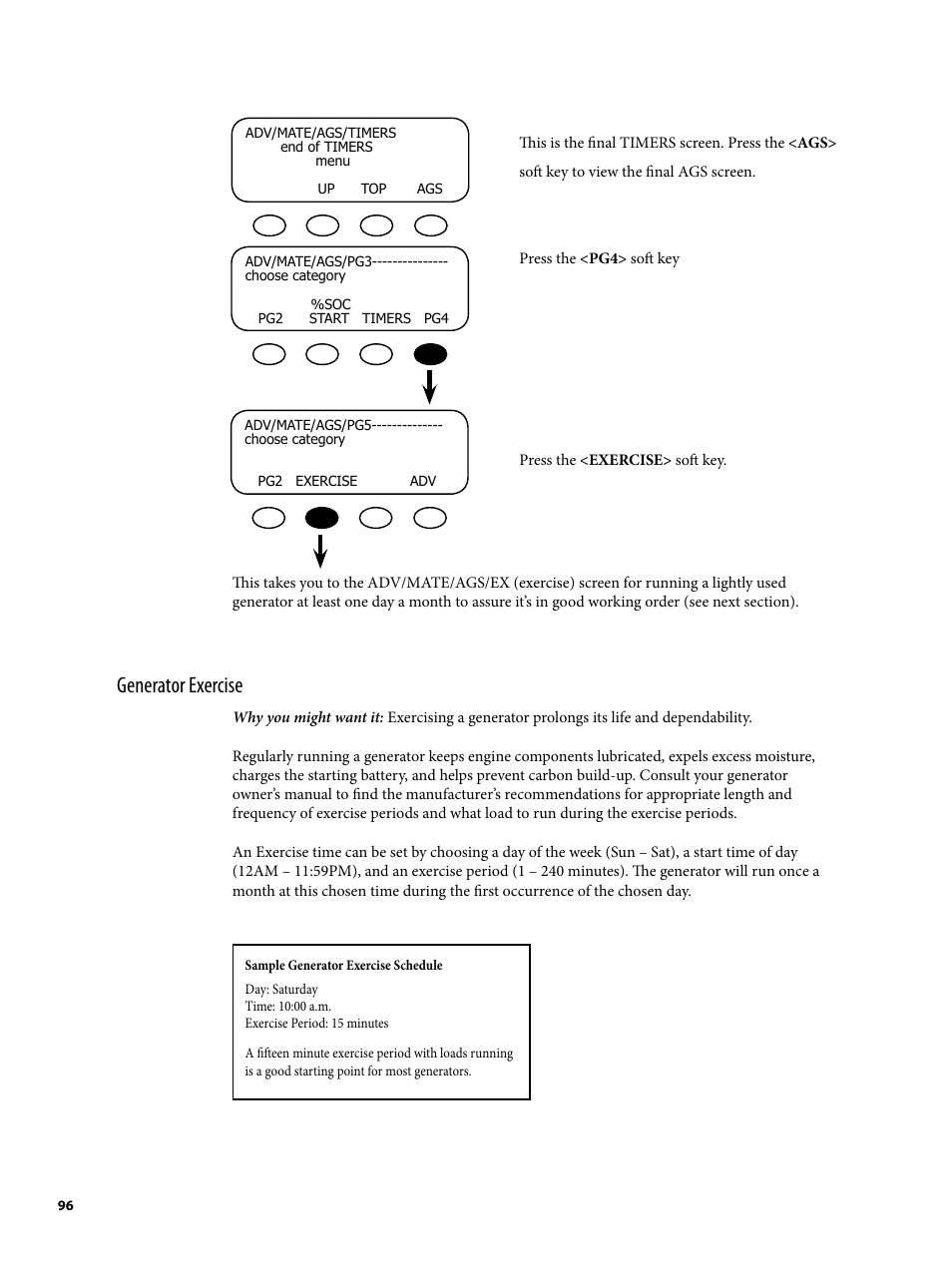Generator exercise | Outback Power Systems MATE2 System Controller and Display Installation and User Manual User Manual | Page 96 / 132