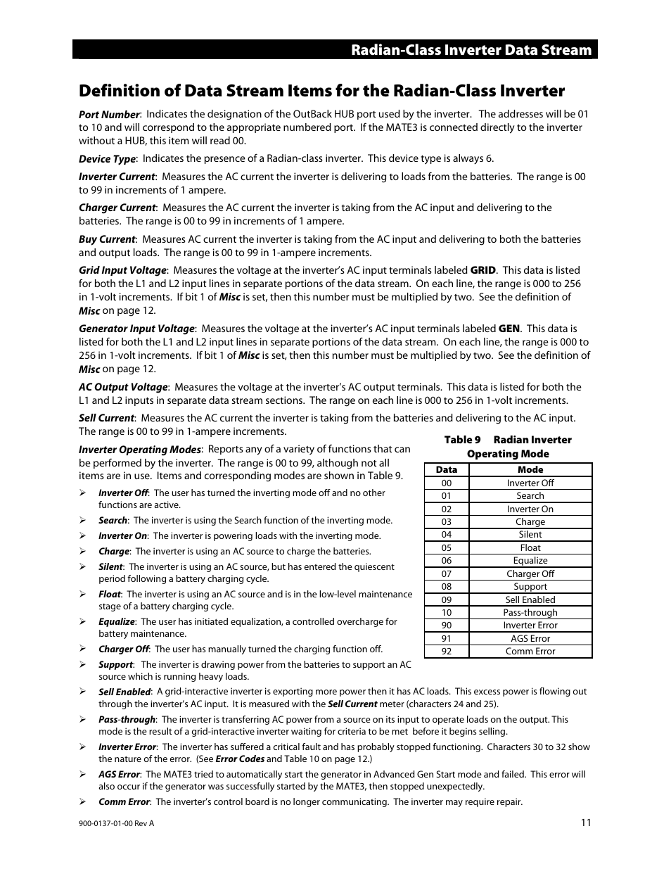 Radian-class inverter data stream | Outback Power Systems MATE3 USB Card Owner’s Manual User Manual | Page 13 / 24