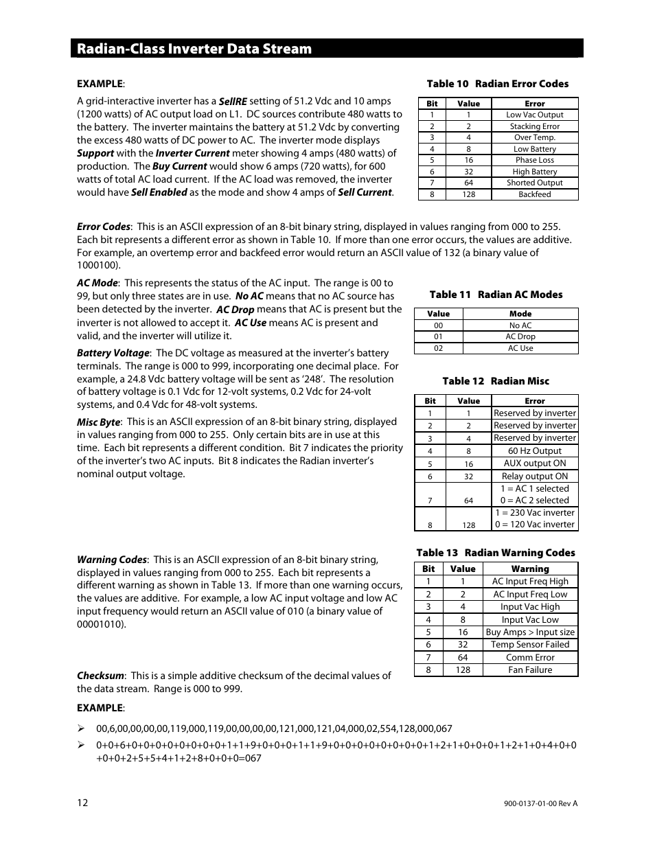 Radian-class inverter data stream | Outback Power Systems MATE3 USB Card Owner’s Manual User Manual | Page 14 / 24
