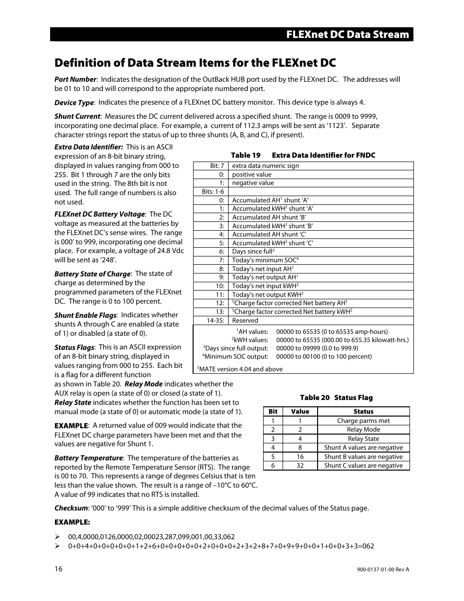 Definition of data stream items for the flexnet dc, Flexnet dc data stream | Outback Power Systems MATE3 USB Card Owner’s Manual User Manual | Page 18 / 24