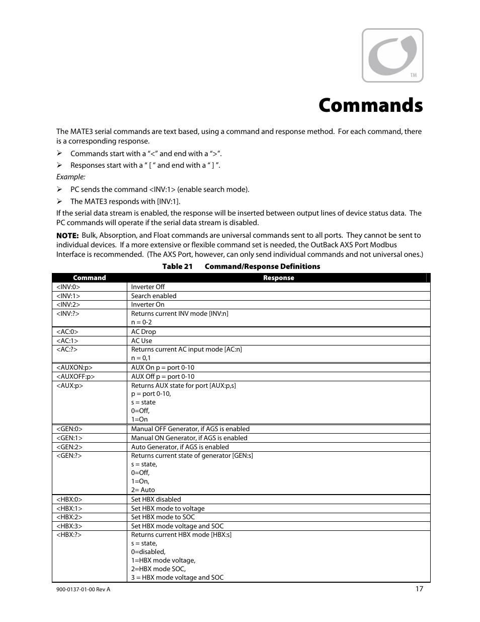 Commands | Outback Power Systems MATE3 USB Card Owner’s Manual User Manual | Page 19 / 24