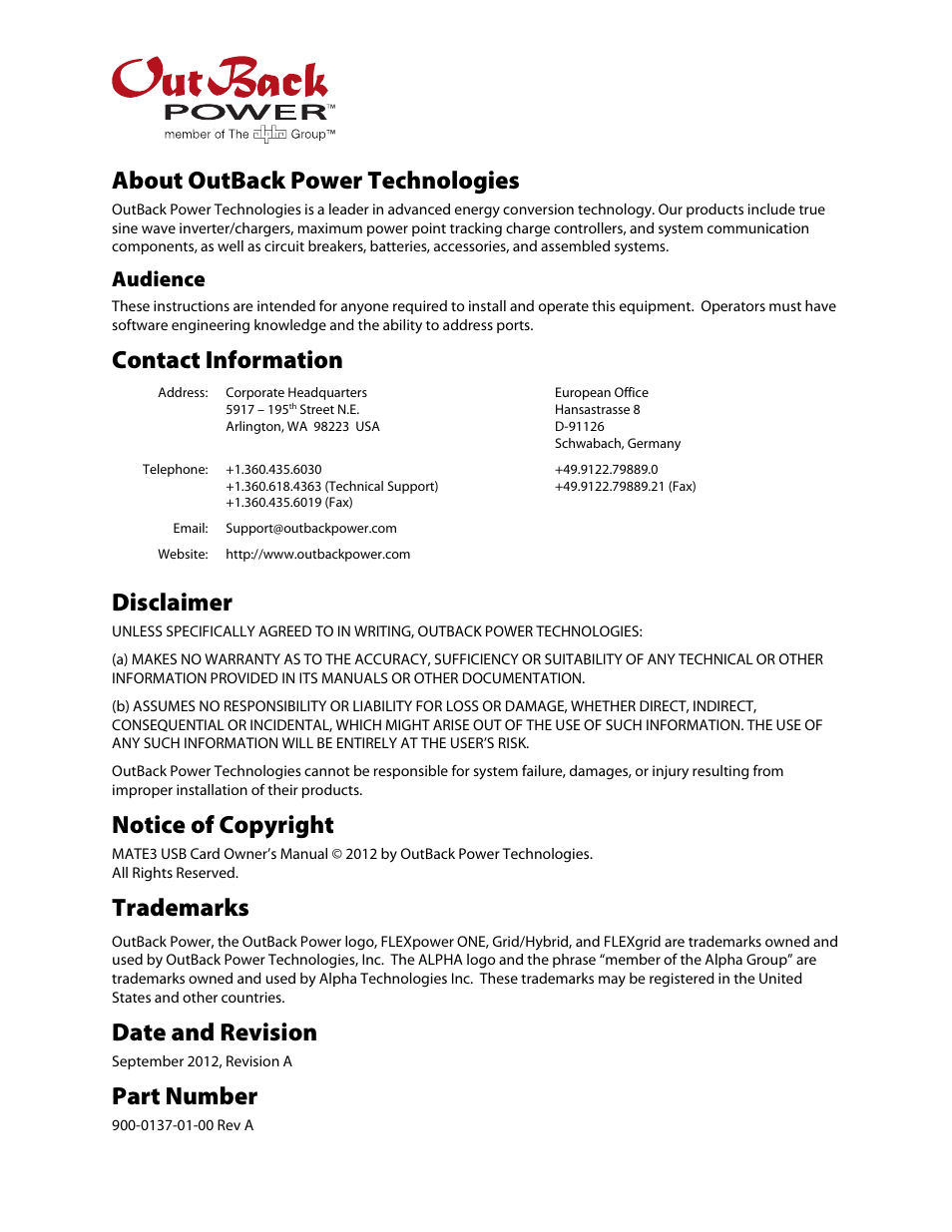 About outback power technologies, Contact information, Disclaimer | Notice of copyright, Trademarks, Date and revision, Part number, Audience | Outback Power Systems MATE3 USB Card Owner’s Manual User Manual | Page 2 / 24