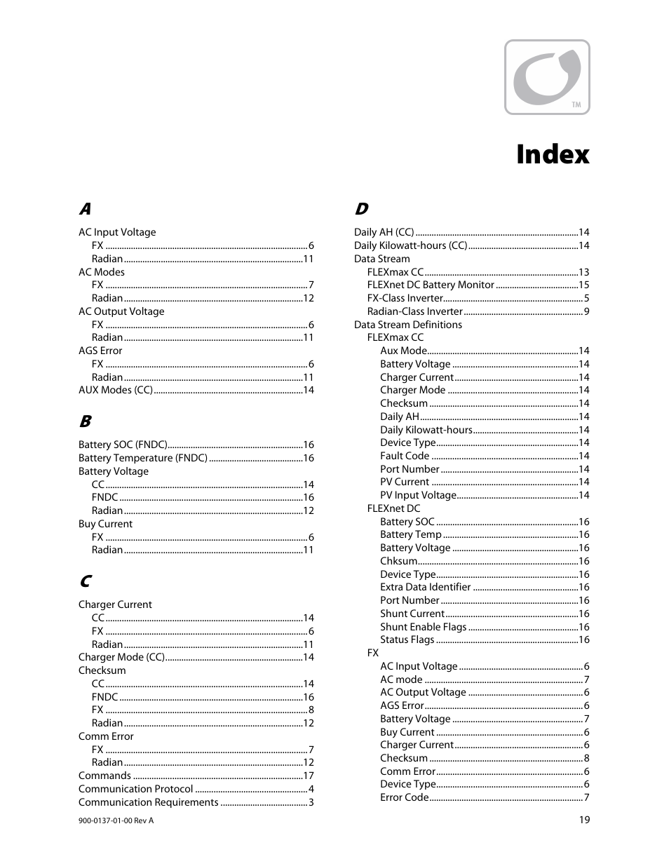 Index | Outback Power Systems MATE3 USB Card Owner’s Manual User Manual | Page 21 / 24