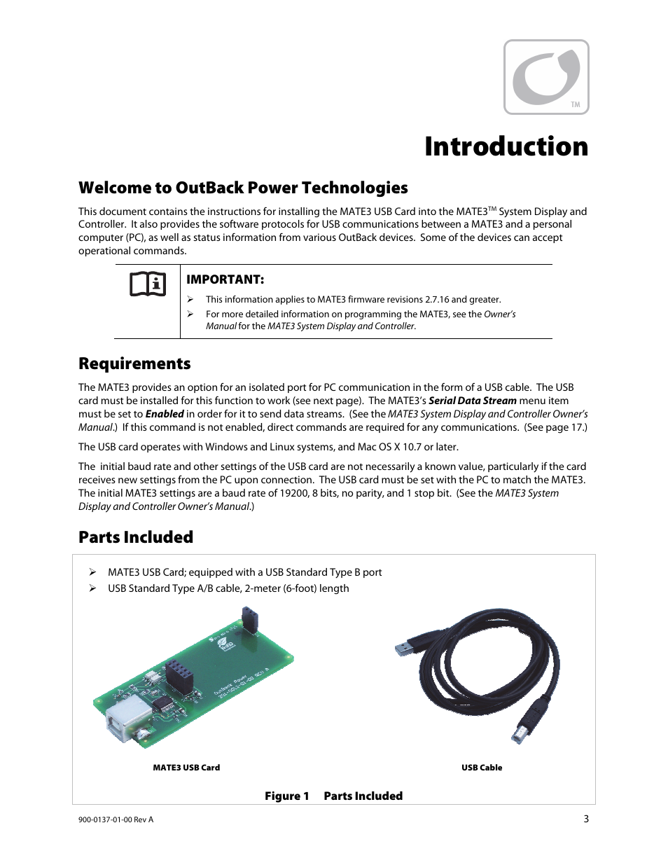 Introduction, Welcome to outback power technologies, Requirements | Parts included | Outback Power Systems MATE3 USB Card Owner’s Manual User Manual | Page 5 / 24