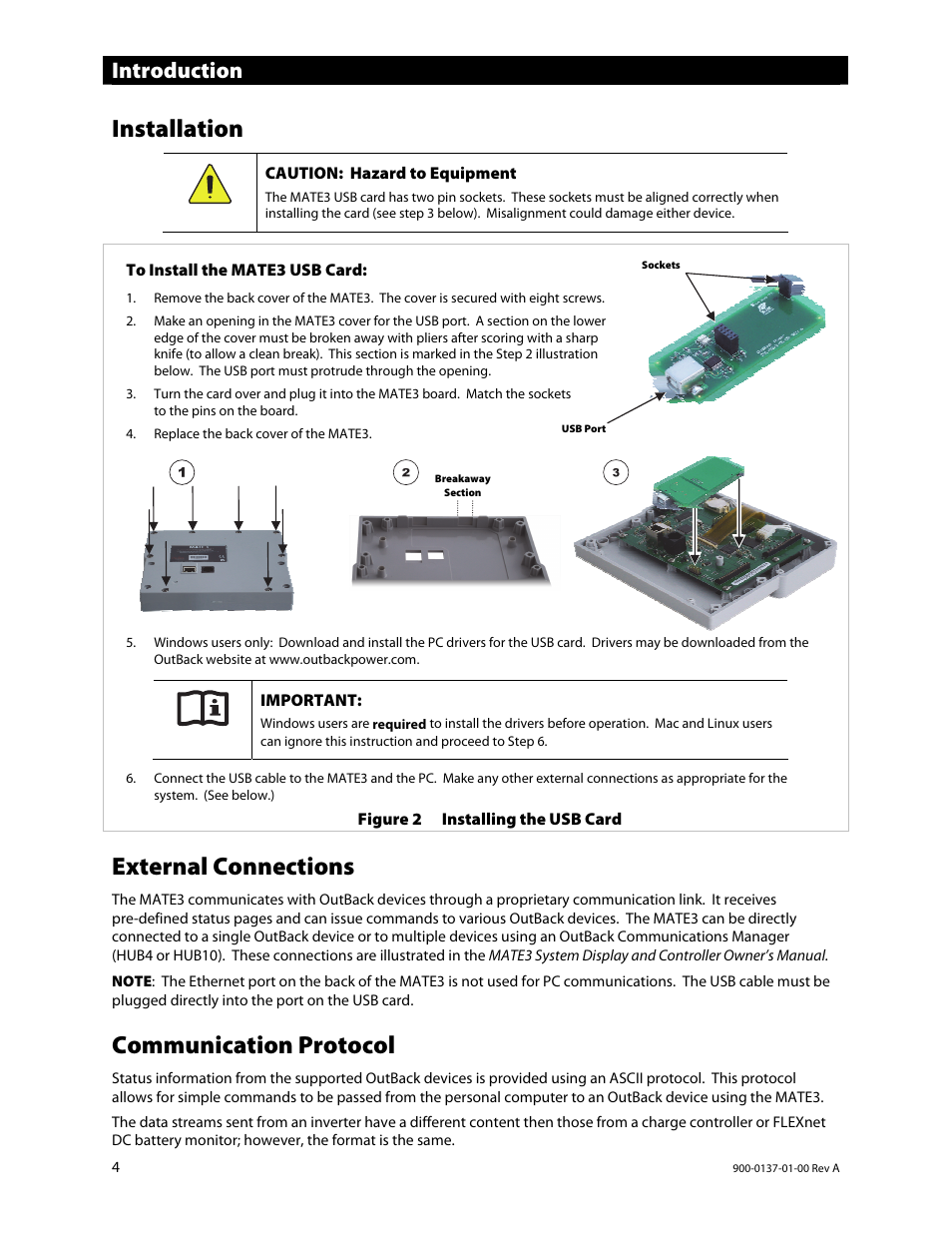 Installation, External connections, Communication protocol | Introduction | Outback Power Systems MATE3 USB Card Owner’s Manual User Manual | Page 6 / 24