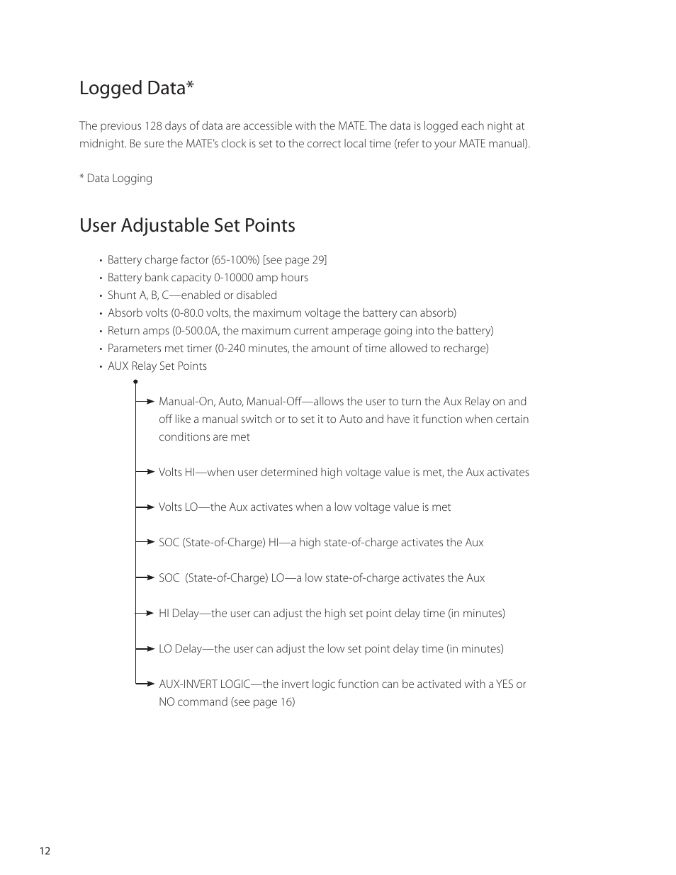 Logged data, User adjustable set points | Outback Power Systems FLEXnet DC Users Guide User Manual | Page 13 / 34